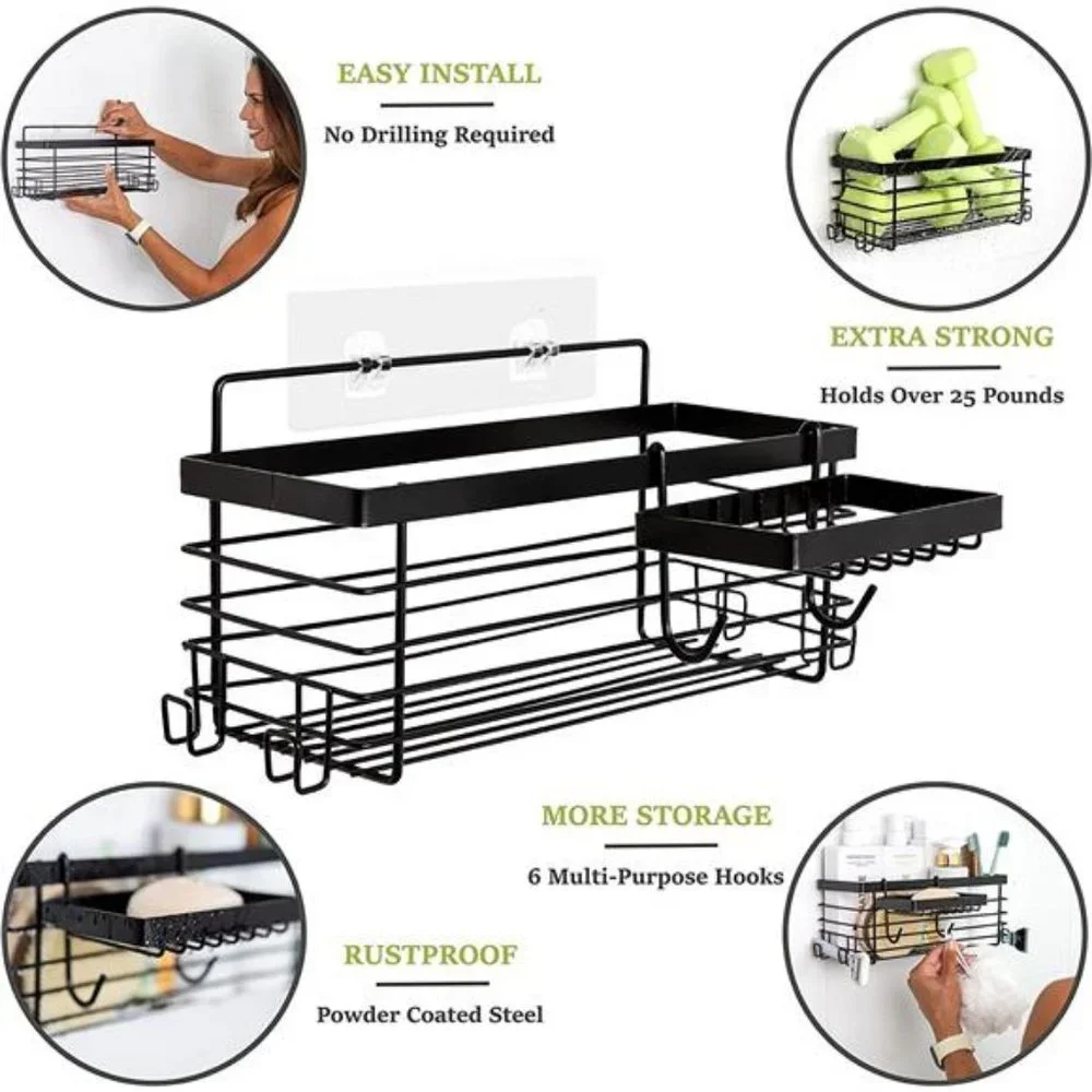 Shower Wall Caddy with Removable Soap Holder – 6 Sturdy Hooks for Storage